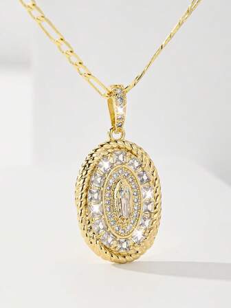 1 件欧美风格新款防过敏铜镶嵌锆石时尚信仰瓜达卢佩圣母玛利亚吊坠项链，适合作为母亲/情人节情侣/朋友/教父母的礼物，天主教初次圣餐，日常和节日佩戴祈祷