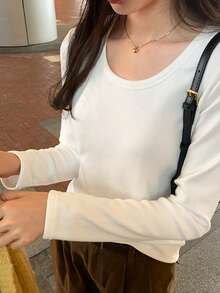 Crew Neck Thick Long Sleeve White T-Shirt For Women, Autumn/Winter New Warm Layering Top - White - View 4