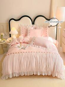 3pcs Korean Princess Style Lace Bedding Set, Whitebowknotw Decor Duvet Cover And Pillow Shams - Pink - View 3