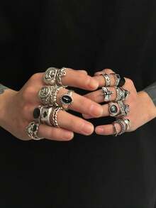 24 buah Cincin Logam Geometris Modis, Cincin Hitam Tidak Dapat Disetel, Perhiasan Pesona Hip-Hop Punk Pria - Antique Silver - View 6