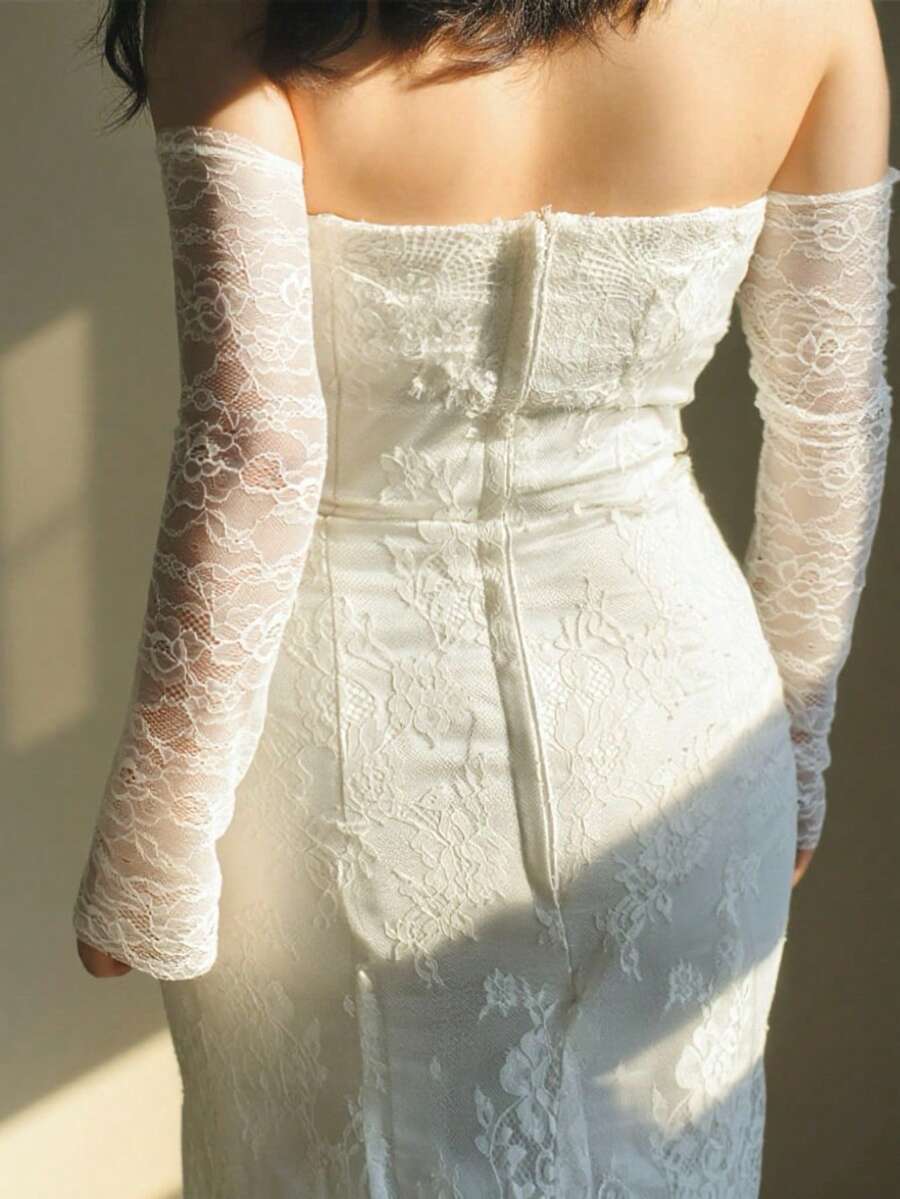 White Hollow Printed Lace Gloves Modify The Arm Fingerless Sleeves Bridal Wedding Dress Accessories Daily Wear High-End Wear Accessories Suitable For Wedding Banquet Party Lolita Halloween Fall Clothes For Women