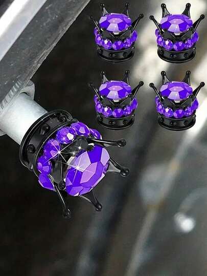 4 pièces Capuchons de valve de pneu en forme de couronne avec cristaux de strass faits à la main, universels, en chrome. Capuchons de pneu de voiture attrayants (noir/violet)