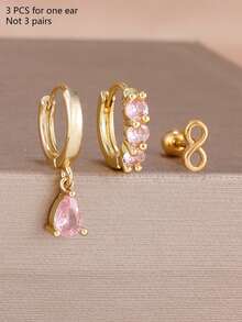 3PCS Fashion Luxury Green/ Pink/Purple Cubic Zirconia CZ Hoop Earrings Set For Women Newly Designed Bridal Wedding Gift Party Jewelry Earring - 3 Pcs for One Ear - View 17