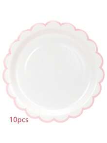 10个/20个/50个装白色和粉色纸盘，7英寸/9英寸，白色纸盘带浅粉色滚边，可爱白色扇形纸盘，一次性餐盘，甜点派对餐盘，适用于圣诞节、迎婴派对、婚礼、新娘派对、性别揭晓派对、生日、情人节派对用品装饰 - 白底粉邊 - 查看 12
