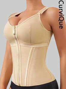 Áo nịt bụng định hình CurviQue 1 chiếc dành cho nữ, áo định hình thể thao kiểm soát bụng dành cho nữ tập gym sau sinh có khóa kéo và móc, dây đai có thể điều chỉnh, kèm áo ngực - Màu be - Xem 7