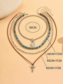 4pcs/Set Vintage Western Cowboy Style Multi-Layer Chain Necklace With Round Ox Head Pendant, Fashion Choker Necklace For Women, Suitable For Daily Wear, Music Festivals, Vacations, And Parties