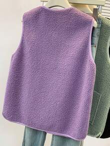 YUXIN 秋冬季女士必备单品！柔软仿羊羔绒无袖开衫背心，配有双口袋，超级保暖，日常百搭。 - 紫色 - 查看 6