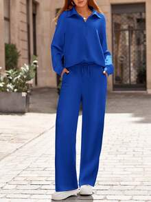 Women's 2 Piece Outfits Casual Lapel Half Zip Sweatshirts And Wide Leg Pants Tracksuit Sets Vacation Spring  Fall Outfits For Women - 寶藍色 - 查看 1