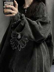 女学生简约经典复古美式纯棉黑色个性水洗Y2K雏菊英文字母印花宽松休闲日常长袖上衣T恤，返校秋冬T恤