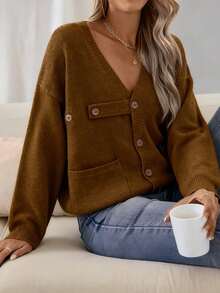 Plus Size Women Loose Fit Solid Color Drop Shoulder Long Sleeve Knit Cardigan, Fashionable & Versatile - Coffee Brown - View 3