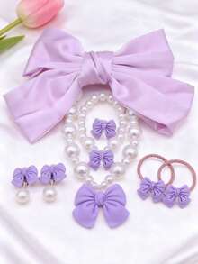 5 件/套女孩可爱珍珠蝴蝶结项链手链耳环戒指首饰套装，简约百搭 - 彩色 - 查看 19