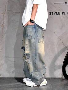 Distressed Loose Fit Wide Leg Ripped Jeans For Men, Baggy Hobo Jeans, Hiphop Style - Bronze - View 3