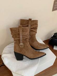 复古麂皮粗跟西部牛仔靴，尖头搭扣修身秋冬百搭新款褶皱宽松中筒高跟短靴，猫跟 - 卡其色 - 查看 5