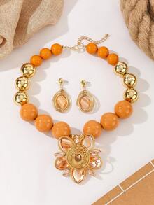 1 Set Exaggerated Multi-Layer Handmade Aluminum Wire Woven Beaded Artificial Crystal Vintage Chic Bohemian Necklace & Earrings Set, Suitable For Party, Holiday, Beach, African, Middle Eastern Style - Yellow Gold - View 2