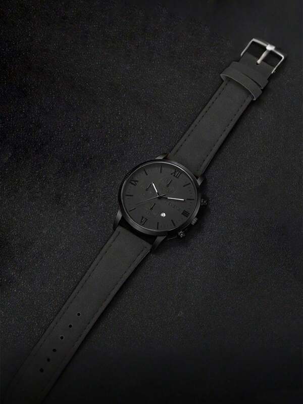 1pc Luxury Business High-End Sports Adult PU Leather Quartz Watch, Suitable For Night Fishing And Adventure, Fashionable Large Dial Casual Watch For Men