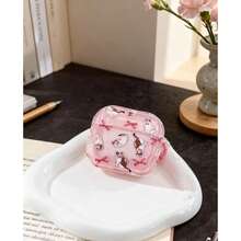 Cute Cat & Bow Design Transparent Bluetooth Earphone Case, Pink Apple & Dream Blue
