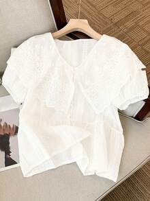 Women's Patchwork Embroidered Peter Pan Collar Mesh Puff Sleeve Single-Breasted Autumn Blouse - White - View 1