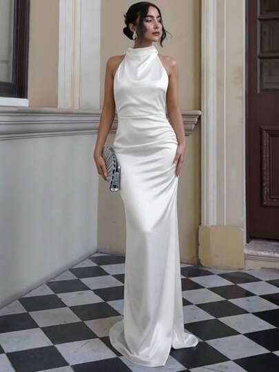 Basrey New White Fashionable And Elegant Women's Solid Color Neck Tie, High Waisted Pleated Slim Fit Backless Cocktail Party Dress, Fishtail Skirt, Long Skirt Dress, Suitable For Weddings, Parties, Dates