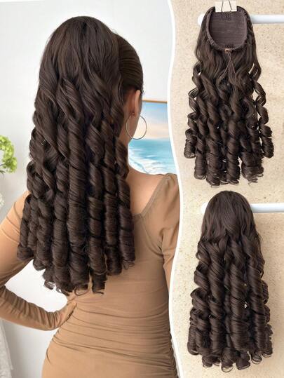 Extensão de Rabo de Cavalo com Cordão Estilo Clipe, Extensões de Cabelo Sintético Ondas Profundas de 20 Polegadas na Cor Marrom, Adequado para Festas e Uso Diário de Mulheres