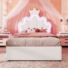 Polsterbett 90x200 cm in Weiß | Prinzessinnen-Kronenbett mit verstellbarem Kopfteil | Ferngesteuertes Ambientelicht & 2 Schubladen | PU-Material ohne Matratze