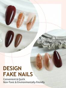 24片中号杏仁形3D金色线条美甲贴纸，裸色装饰，线条艺术设计，优雅风格，光滑表面，全覆盖假指甲，适合女性和女孩日常佩戴，适合秋冬季美甲用品 - 彩色 - 查看 3