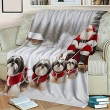 1pc Flannel Throw Blanket - Shih Tzu Dogs & Santa Sled Winter Scene - Soft Cozy All-Season Bedspread - Red & White Design - Washable Bed, Sofa, Office, Dorm, Car - Holiday Pet Lovers - Shih Tzu Dog Lover's Home Decor - Festive Pomeranian & Shih Tzu Print - Plush Flannel Fabric - Dust-Proof & Warm - Camping & Naps, Blankets - Multicolor - View 2