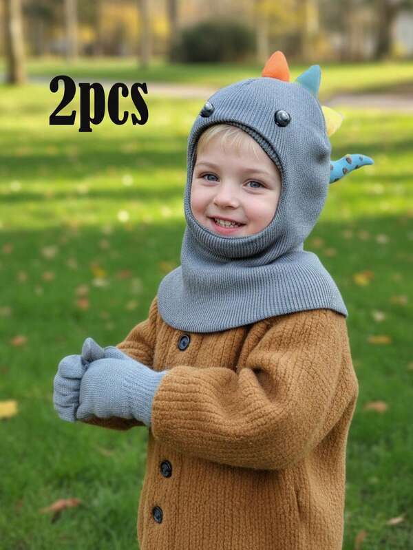 2pcs Toddler Boys' Dinosaur Hooded Hat + Gloves Set, Baby Hat With Scarf, Balaclava, Knitted Beanie, Warm Winter Hat