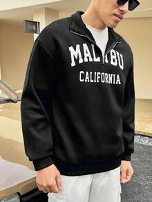 Manfinity Hypemode Sudadera con media cremallera y hombros caídos con gráfico de letras para hombre, otoño - Negro - Ver 6