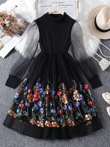 Girls' Elegant Floral Mesh Dress, Suitable For Spring And Autumn - Black - View 1