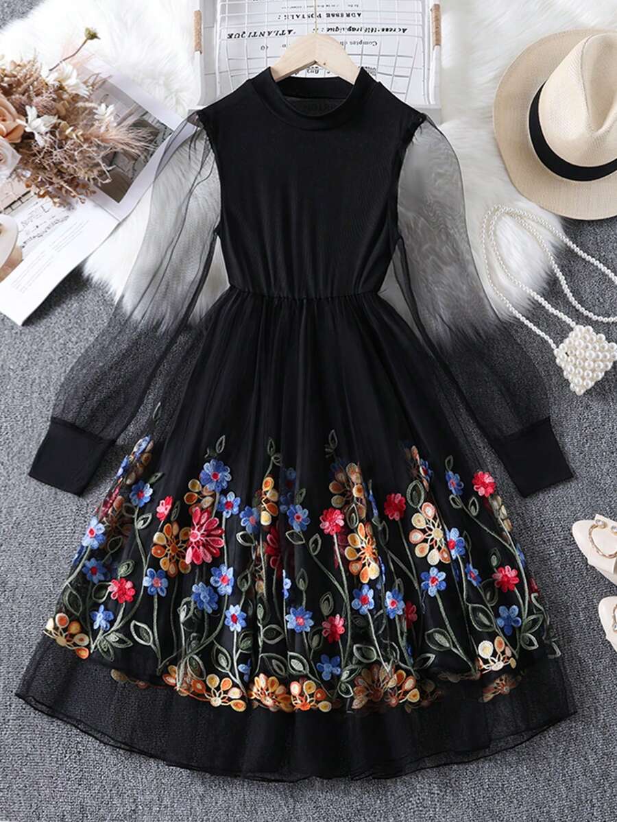Girls' Elegant Floral Mesh Dress, Suitable For Spring And Autumn - Black - View 1