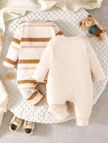 2件套男婴休闲舒适秋季新款条纹蓝红+小熊图案长袖连体衣 - 棕色 - 查看 2