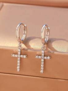 1pair Classic Zirconia Embedded Cross Pendant Earrings, With Elegant European And American Luxury Charm, Suitable As A Distinctive Gift For Women's Daily Wear Or Occasions - Vàng - Xem 5