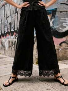Womens Spring Fall Pants Lace Trim Casual Loose Fit Stylish Solid Color Mid Rise Straight-Leg Trousers - Black - View 3