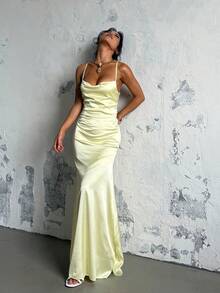 1pc Solid Color Elegant Backless Tie Strap Dress, Suitable For Party, Wedding, All Seasons - Green - View 2