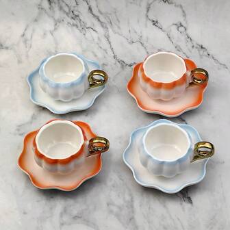 2pcs Pumpkin Shaped Ceramic Coffee/Tea Cup & Saucer Set, Gradient Electroplated Gold, White, Orange, Blue Ceramic Cup & Saucer, 120ml