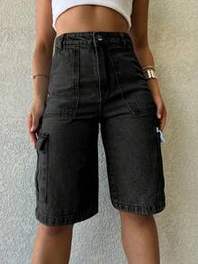 Women's Denim Shorts With Irregular Pockets Bermuda Cargo Shorts With High Waist Pockets Women's  Street Fashion Premium Cotton Fabric - 深灰色 - 查看 3