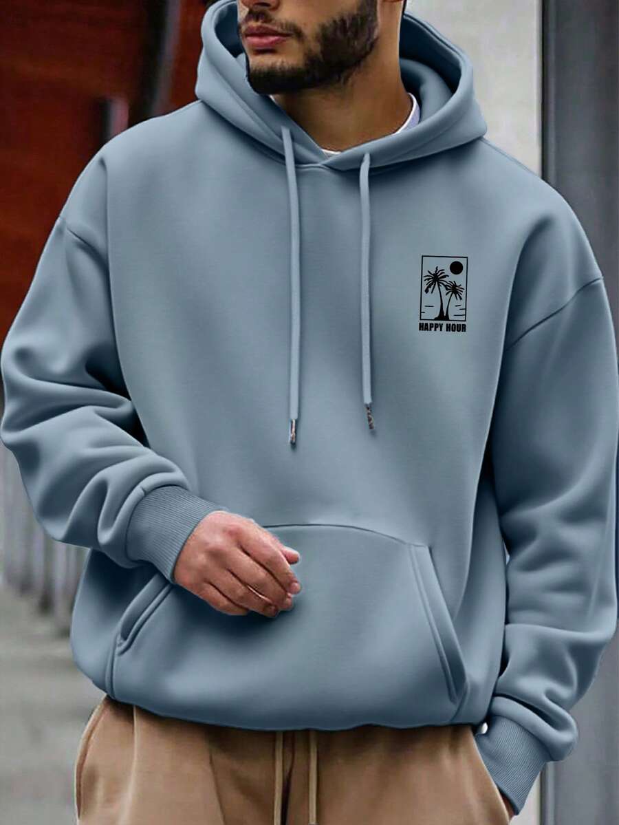男士字母和棕榈树印花长袖口袋抽绳连帽运动衫，秋冬休闲款 - 淺藍色 - 查看 1