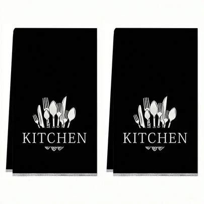 2/4 件柔软吸水超细纤维厨房毛巾 - 勺子和叉子图案，非常适合擦干碗碟和手、节日装饰和日常使用