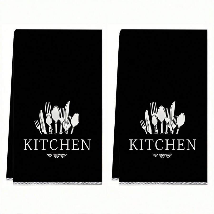 2/4 件柔软吸水超细纤维厨房毛巾 - 勺子和叉子图案，非常适合擦干碗碟和手、节日装饰和日常使用