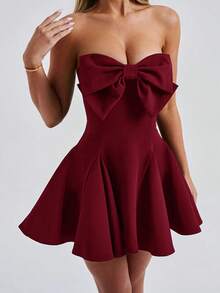Đầm hè Onicee dành cho nữ, màu đỏ rượu vang, đầm dự tiệc dáng chữ A không dây vai với nơ thời trang, đầm thanh lịch phù hợp cho ngày Valentine, hẹn hò, tụ họp, tiệc tùng, du lịch, kỳ nghỉ, đi biển và các dịp khác. - Màu Đỏ Sâu - Xem 9