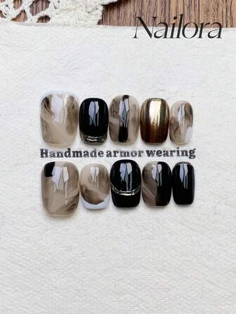 10 件手工指甲方形指甲按压短指甲、极简主义黑色指甲渐变、法式指甲、烟熏图案魔镜粉铬指甲、简约优雅奢华秋季指甲、极简主义美学秋季按压指甲、多功能指甲 DIY 假指甲艺术派对日常和约会适合在工作环境中使用可重复使用，适合女性和女孩作为礼物指甲用品