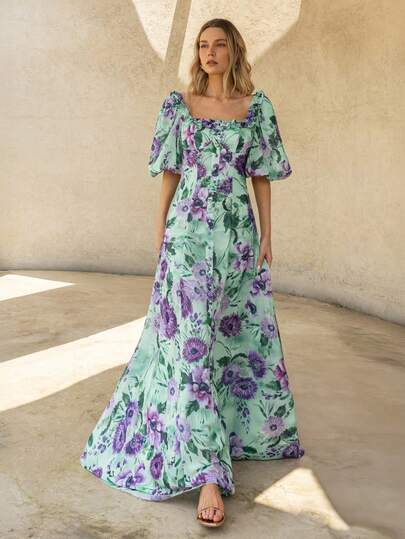 Faeriesty This Beautifully Printed Formal Evening Dress For Women Features A Distinctive Square Neck Collar, Romantic Lantern Sleeves, A Flowing A-Line Skirt, And Elegant Floral Prints - Perfect For Sophisticated Black-Tie Dinners, Wedding Receptions, Grand Formal Galas, Charity Balls, And Opera Performances.