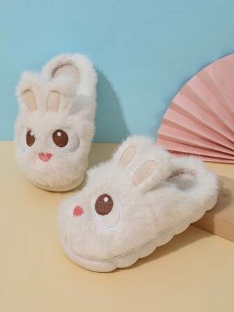 1 Pair Kids Thermal Slippers, Girls Cute Warm Plush Rabbit Fur Home Slippers, Anti-Slip Baby Winter Slippers