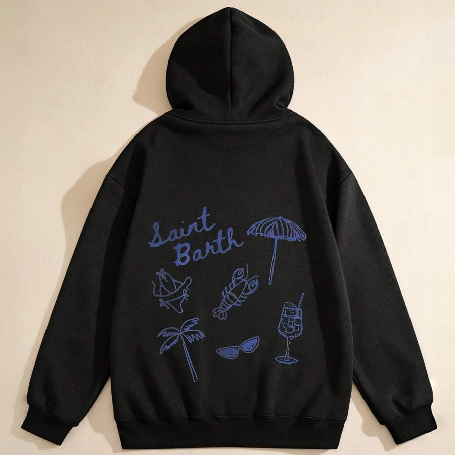 1pc Womens Saint Barth Beach Themed Graphic Hoodie Regular Fit Drawstring Hooded Sweatshirt Midweight Slightly Stretchy Comfortable Fleece Lined Casual Style For Spring Summer Everyday Wear Lounging - màu đen - Xem 1
