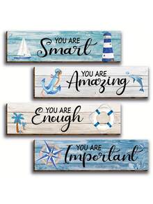 4 款鼓舞人心的航海主题墙面标志 - 现代木质海岸标志，带有令人振奋的家居装饰语录 - 悬挂式海滩主题装饰标志，家居装饰，花园装饰，墙面装饰，无需电力 - 彩色 - 查看 6