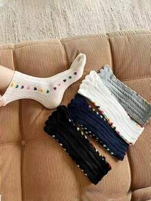 3/5双装女士时尚蕾丝爱心印花五趾过膝袜，透气吸汗，秋冬款式