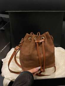 Women's Drawstring Bag Mini Crossbody Bucket Bag Quilted Casual Outdoor Bag - Brown - View 6