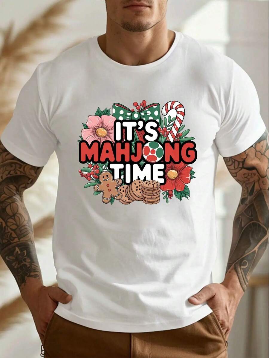 Camiseta de hombre, tema navideño diseño gráfico estampado, 100% algodón camiseta, moda casual camisa, camiseta de la calle, ropa deportiva al aire libre, tallas S-XXXL, lavable a máquina - Blanco - Ver 1