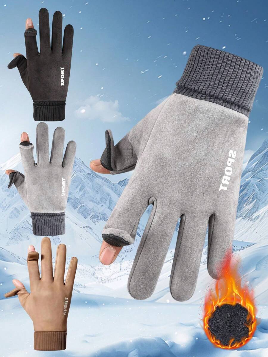 1 Pair Of Suede Leather Leaky Two-Finger Half-Finger Gloves, Padded Touch Screen Design, Suitable For Winter Outdoor Running And Cycling Scenarios Winter Gear Snow Gloves