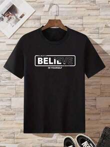 Men's T-Shirt With Slogan Print - Black - View 2